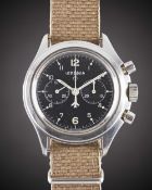 A GENTLEMAN'S STAINLESS STEEL BRITISH MILITARY ROYAL NAVY LEMANIA "DOUBLE BUTTON" CHRONOGRAPH WRIST