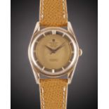 A GENTLEMAN'S 18K SOLID ROSE GOLD UNIVERSAL GENEVE POLEROUTER DE LUXE WRIST WATCH CIRCA 1950s,