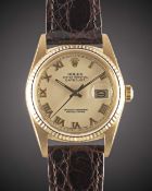 A GENTLEMAN'S 18K SOLID GOLD ROLEX OYSTER PERPETUAL DATEJUST WRIST WATCH CIRCA 1983, REF. 16018 WITH