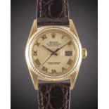 A GENTLEMAN'S 18K SOLID GOLD ROLEX OYSTER PERPETUAL DATEJUST WRIST WATCH CIRCA 1983, REF. 16018 WITH