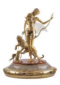 A FINE & RARE 18K GOLD & GEM SET OBJET D'ART MODEL OF A FEMALE ARCHER WITH HER LEOPARD IN TOW