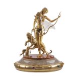 A FINE & RARE 18K GOLD & GEM SET OBJET D'ART MODEL OF A FEMALE ARCHER WITH HER LEOPARD IN TOW