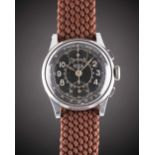 A GENTLEMAN'S HEUER "UP & DOWN" PILOTS CHRONOGRAPH WRIST WATCH CIRCA 1940, WITH GLOSS BLACK GILT