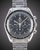 A RARE GENTLEMAN'S STAINLESS STEEL OMEGA SPEEDMASTER PROFESSIONAL CHRONOGRAPH BRACELET WATCH CIRCA