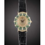 A LADIES 18K SOLID GOLD, DIAMOND & GREEN CRYSTAL CORUM PRINCESS LIMELIGHT WRIST WATCH CIRCA 1990s,