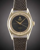 A RARE GENTLEMAN'S GOLD CAPPED UNIVERSAL GENEVE POLAROUTER WRIST WATCH CIRCA 1954, REF. 20214-1 WITH