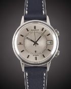 A GENTLEMAN'S STAINLESS STEEL JAEGER LECOULTRE MEMOVOX SPEED BEAT AUTOMATIC ALARM WRIST WATCH