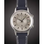 A GENTLEMAN'S STAINLESS STEEL JAEGER LECOULTRE MEMOVOX SPEED BEAT AUTOMATIC ALARM WRIST WATCH