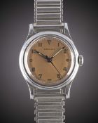 A RARE GENTLEMAN'S STAINLESS STEEL LONGINES "SEI TACCHE" BRACELET WATCH CIRCA 1945, "SALMON" DIAL