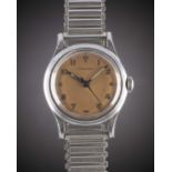 A RARE GENTLEMAN'S STAINLESS STEEL LONGINES "SEI TACCHE" BRACELET WATCH CIRCA 1945, "SALMON" DIAL