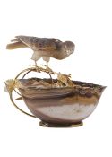 A FINE & RARE SILVER GILT & DIAMOND SET OBJET D'ART MODEL OF A PERCHED FALCON DRINKING FROM A BOWL