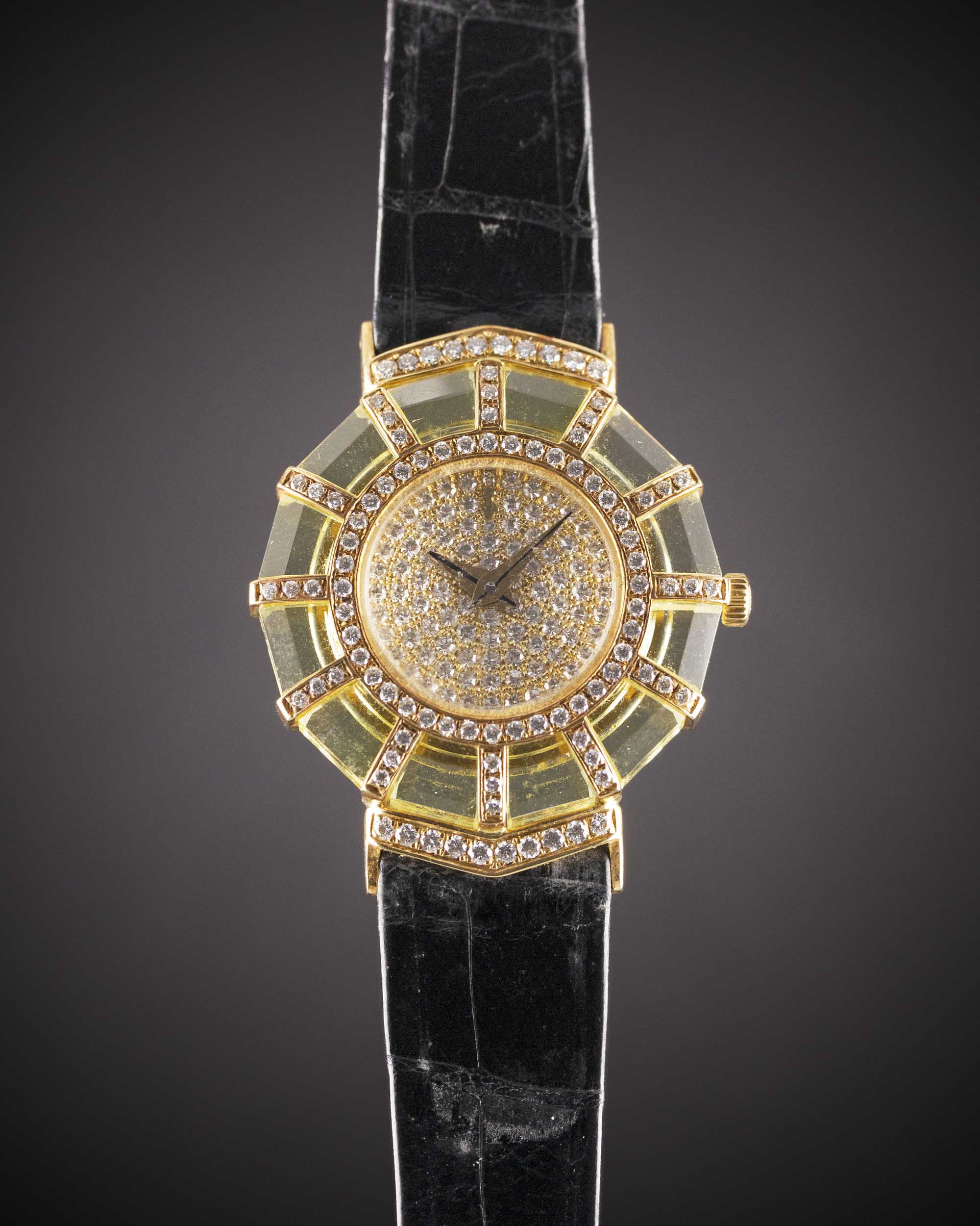 A LADIES 18K SOLID GOLD, DIAMOND & YELLOW CRYSTAL CORUM PRINCESS LIMELIGHT WRIST WATCH CIRCA