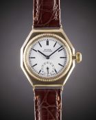 A GENTLEMAN'S 9CT SOLID GOLD ROLEX OYSTER OCTAGONAL WRIST WATCH CIRCA 1932, WITH ENAMEL DIAL &