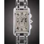 A GENTLEMAN'S 18K SOLID WHITE GOLD CARTIER TANK AMERICAINE CHRONOGRAPH BRACELET WATCH CIRCA 2000,