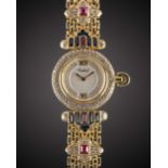 A LADIES 18K SOLID GOLD, DIAMOND, SAPPHIRE & RUBY TABBAH BERET BRACELET WATCH CIRCA 1990s, WITH