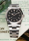 A RARE GENTLEMAN'S STAINLESS STEEL ROLEX OYSTER PERPETUAL EXPLORER "BLACK OUT" BRACELET WATCH