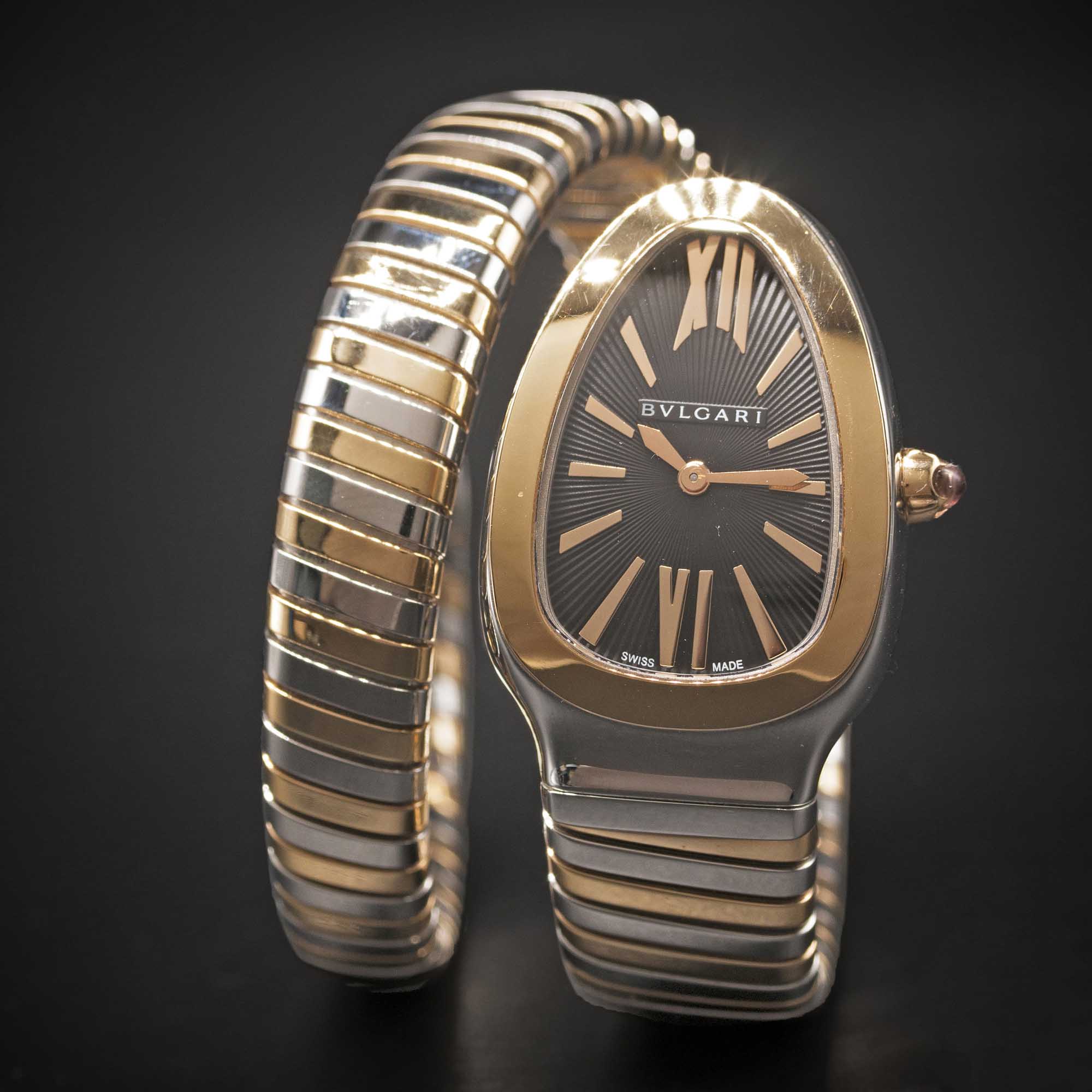 A LADIES STEEL & GOLD BULGARI SERPENTI TUBOGAS SINGLE SPIRAL BRACELET WATCH CIRCA 2016, REF. SP 35