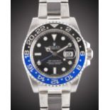 A GENTLEMAN'S STAINLESS STEEL ROLEX OYSTER PERPETUAL DATE GMT MASTER II "BATMAN" BRACELET WATCH