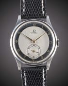 A RARE GENTLEMAN'S LARGE SIZE STAINLESS STEEL OMEGA WRIST WATCH CIRCA 1939, WITH SILVER & BLACK "