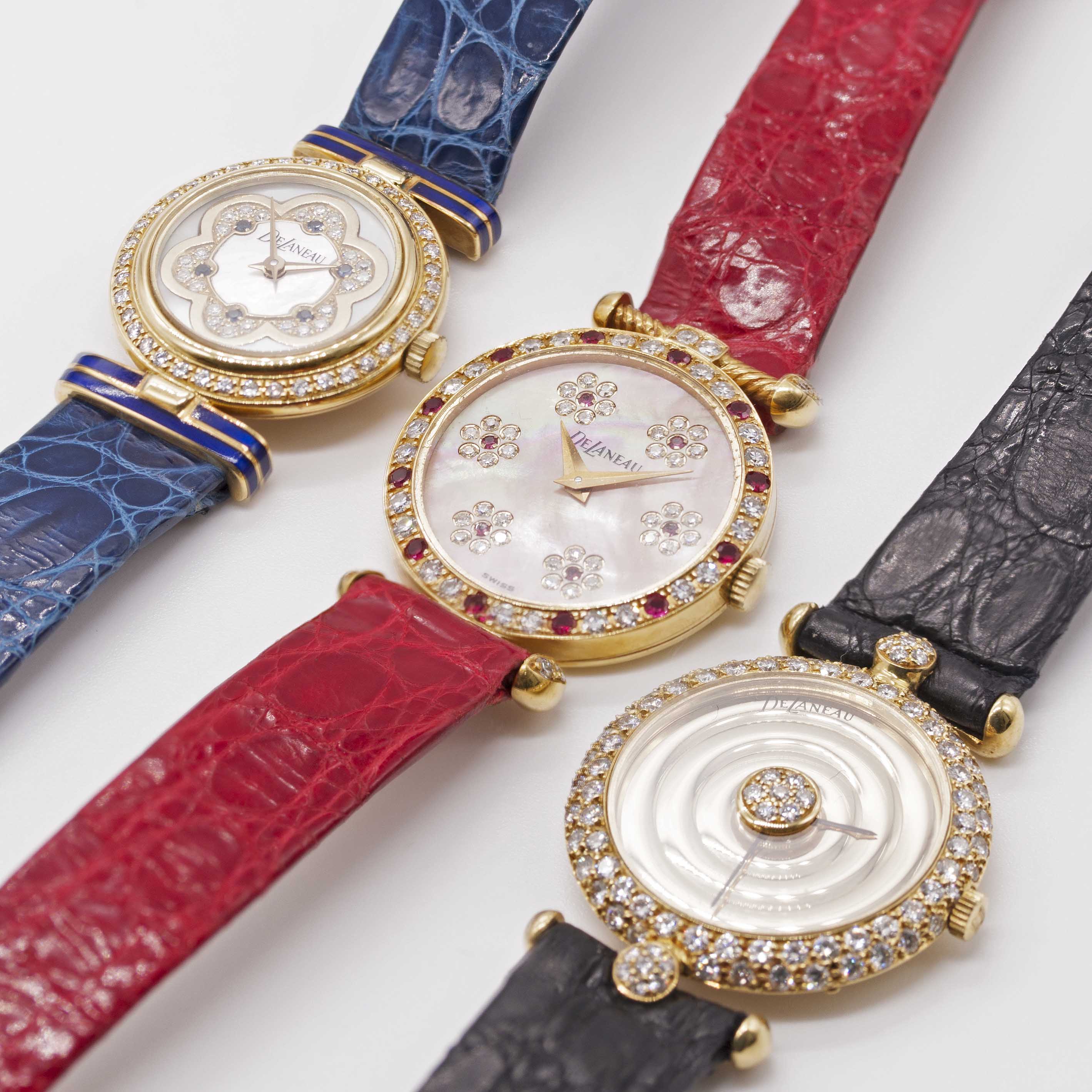 THREE LADIES 18K SOLID GOLD & DIAMOND WRIST WATCHES BY DELANEAU CIRCA 1990s Movement: Quartz. - Image 2 of 3