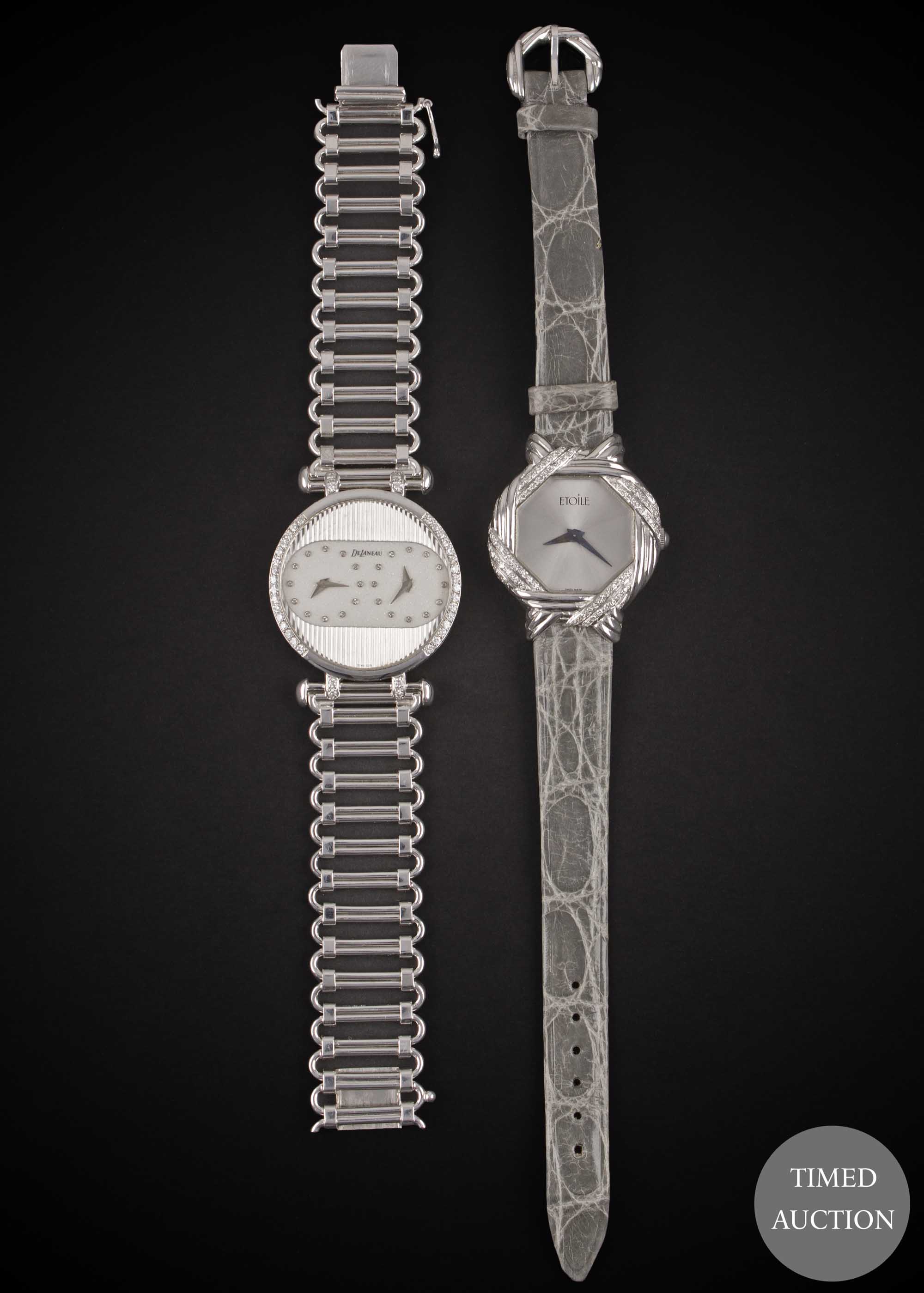 TWO LADIES 18K SOLID WHITE GOLD & DIAMOND WRIST WATCHES BY ETOILE & DELANEAU CIRCA 1990s Movement: