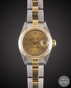 A LADIES STEEL & GOLD ROLEX OYSTER PERPETUAL DATEJUST BRACELET WATCH DATED 1998, REF. 69173 WITH