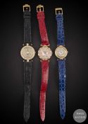 THREE LADIES 18K SOLID GOLD & DIAMOND WRIST WATCHES BY DELANEAU CIRCA 1990s Movement: Quartz.