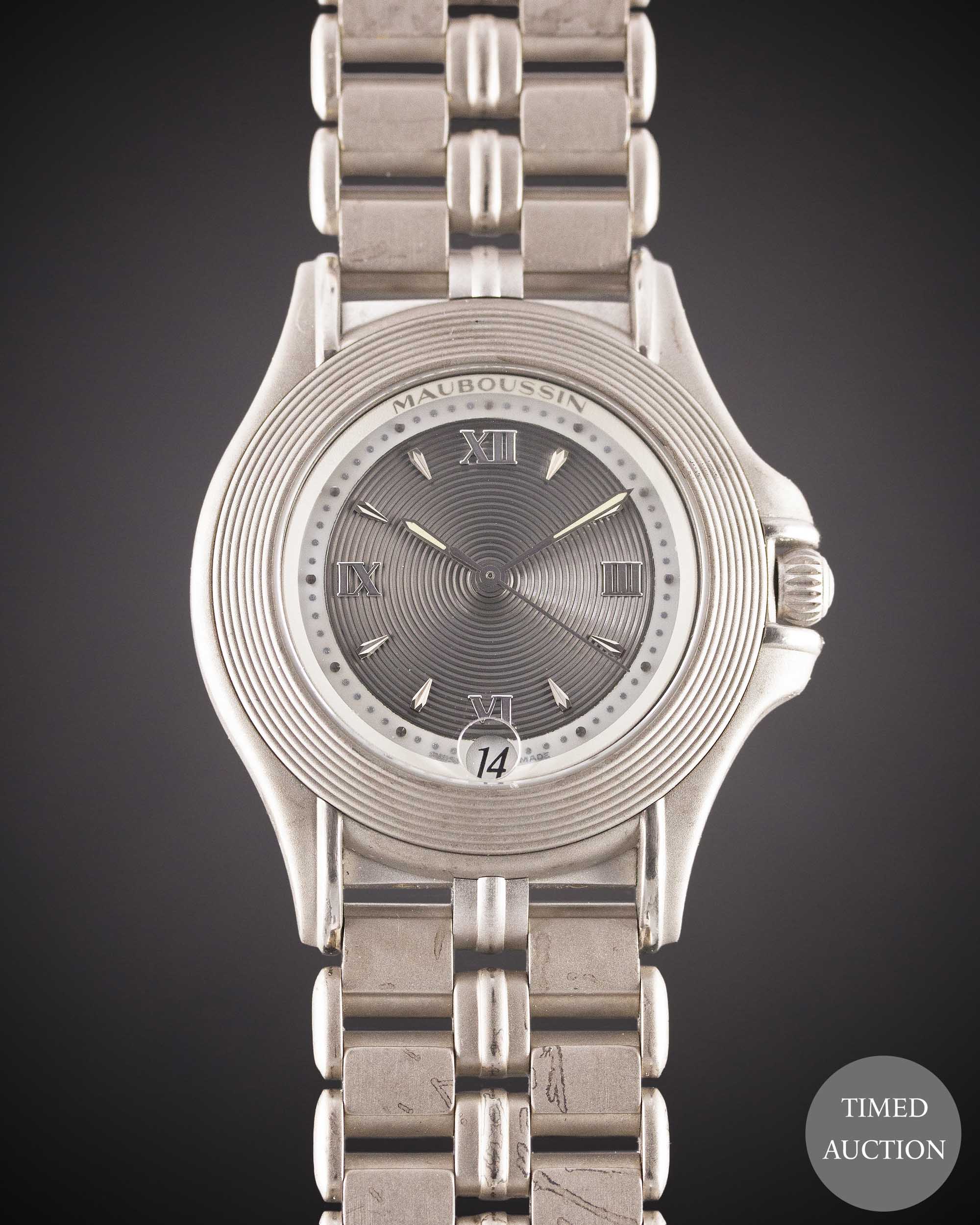 A GENTLEMAN'S SIZE 18K SOLID WHITE GOLD MAUBOUSSIN AUTOMATIC BRACELET WATCH CIRCA 1990s, REF. R02368