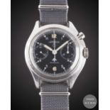 A GENTLEMAN'S STAINLESS STEEL BRITISH MILITARY LEMANIA SINGLE BUTTON RAF PILOTS CHRONOGRAPH WRIST