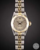 A LADIES STEEL & GOLD ROLEX OYSTER PERPETUAL BRACELET WATCH CIRCA 1988, REF. 67193 WITH ORIGINAL