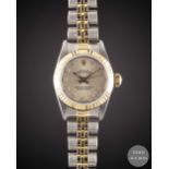 A LADIES STEEL & GOLD ROLEX OYSTER PERPETUAL BRACELET WATCH CIRCA 1988, REF. 67193 WITH ORIGINAL