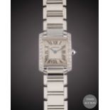 A LADIES 18K SOLID WHITE GOLD & DIAMOND CARTIER TANK FRANCAISE BRACELET WATCH CIRCA 2005, REF.