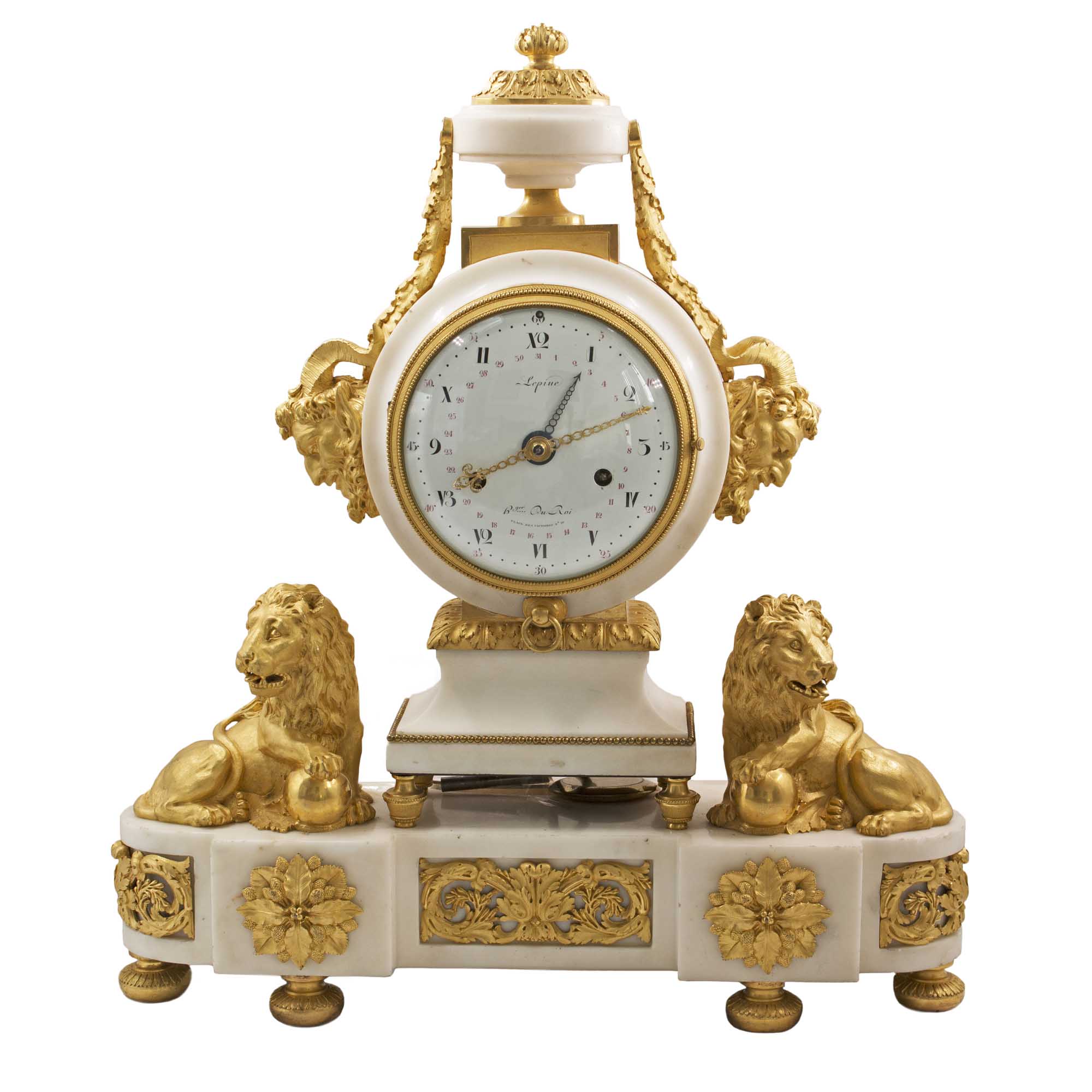 A RARE LOUIS XVI ORMOLU & WHITE MARBLE STRIKING MANTEL CLOCK WITH CALENDAR DIAL BY LEPINE, NO.