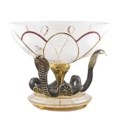 A FINE, RARE & IMPRESSIVE SILVER GILT, GOLD & ROCK CRYSTAL OBJET D'ART CIRCA 1980s, "COBRA BOWL"