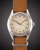A RARE GENTLEMAN'S LARGE SIZE STAINLESS STEEL ROLEX OYSTER PERPETUAL WRIST WATCH CIRCA 1959, REF.