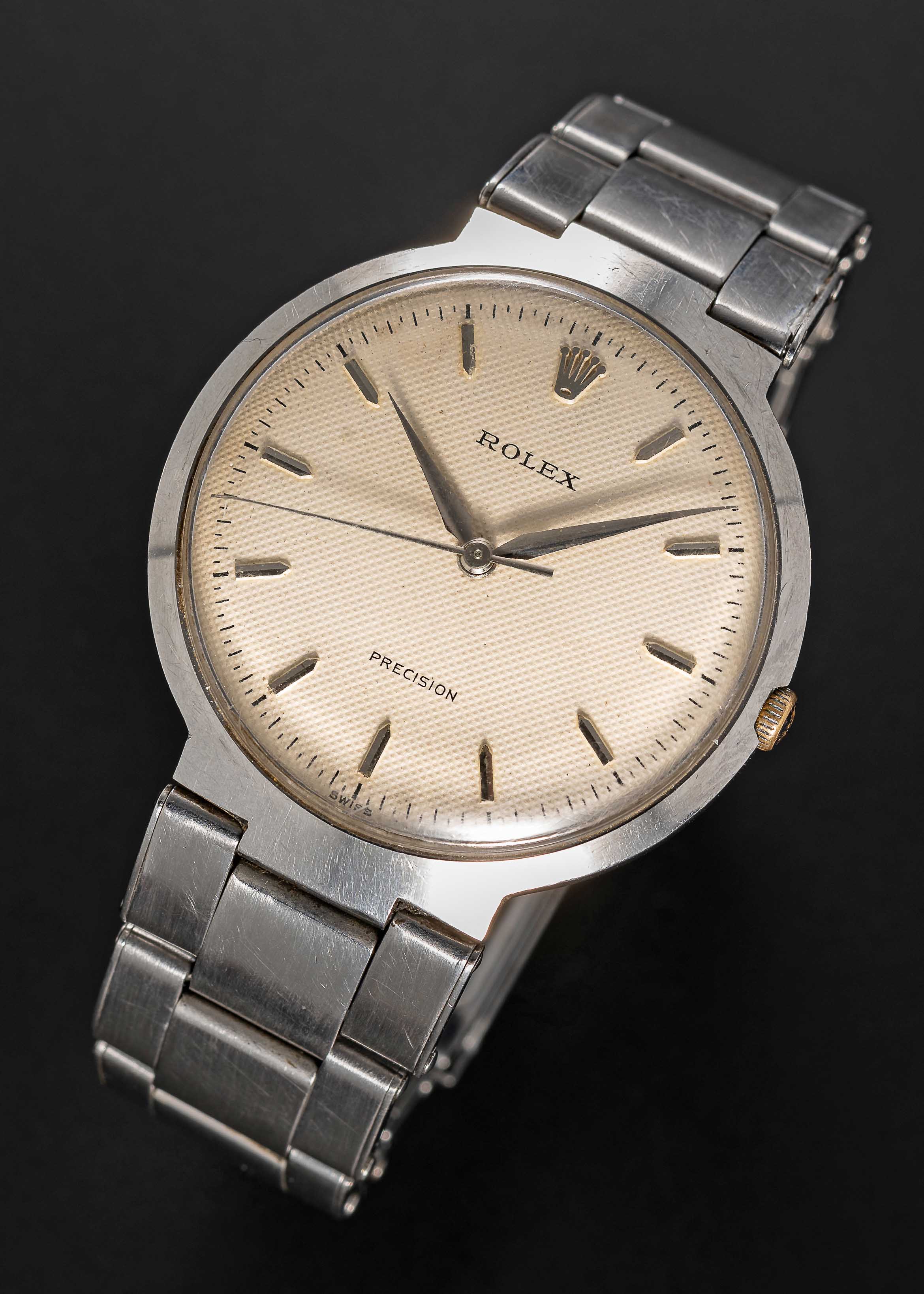 A RARE GENTLEMAN'S STAINLESS STEEL ROLEX "UFO" PRECISION BRACELET WATCH CIRCA 1958, REF. 9083 WITH