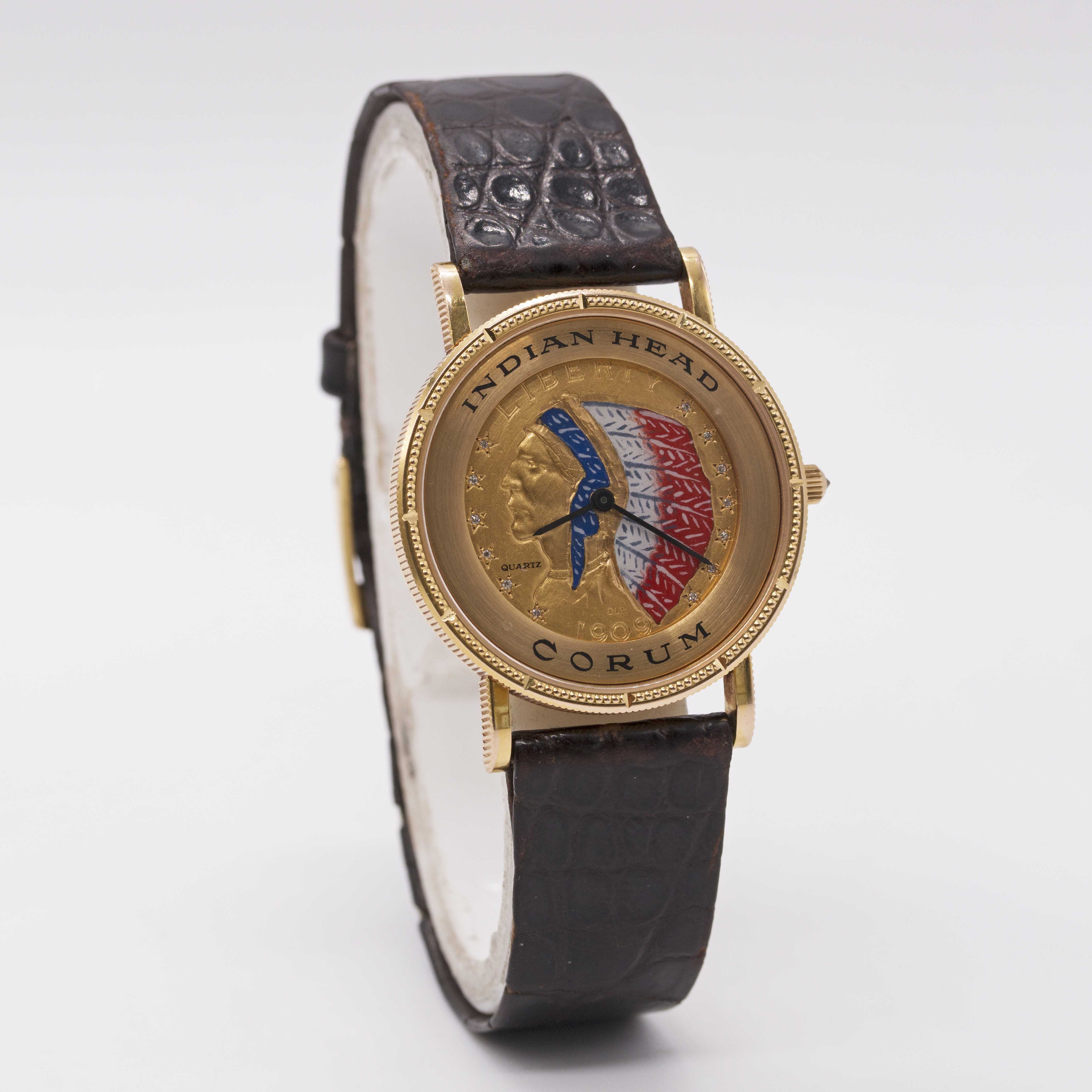 AN 18K SOLID YELLOW GOLD CORUM INDIAN HEAD FIVE DOLLAR COIN WRIST WATCH CIRCA 1990 Movement: Quartz. - Image 5 of 10