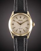 A GENTLEMAN'S 9CT SOLID GOLD ROLEX OYSTER PERPETUAL WRIST WATCH CIRCA 1955, REF. 6564 WITH 3-6-9 "