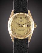 A GENTLEMAN'S 18K SOLID YELLOW GOLD ROLEX OYSTER PERPETUAL DATE WRIST WATCH CIRCA 1974, REF. 1503