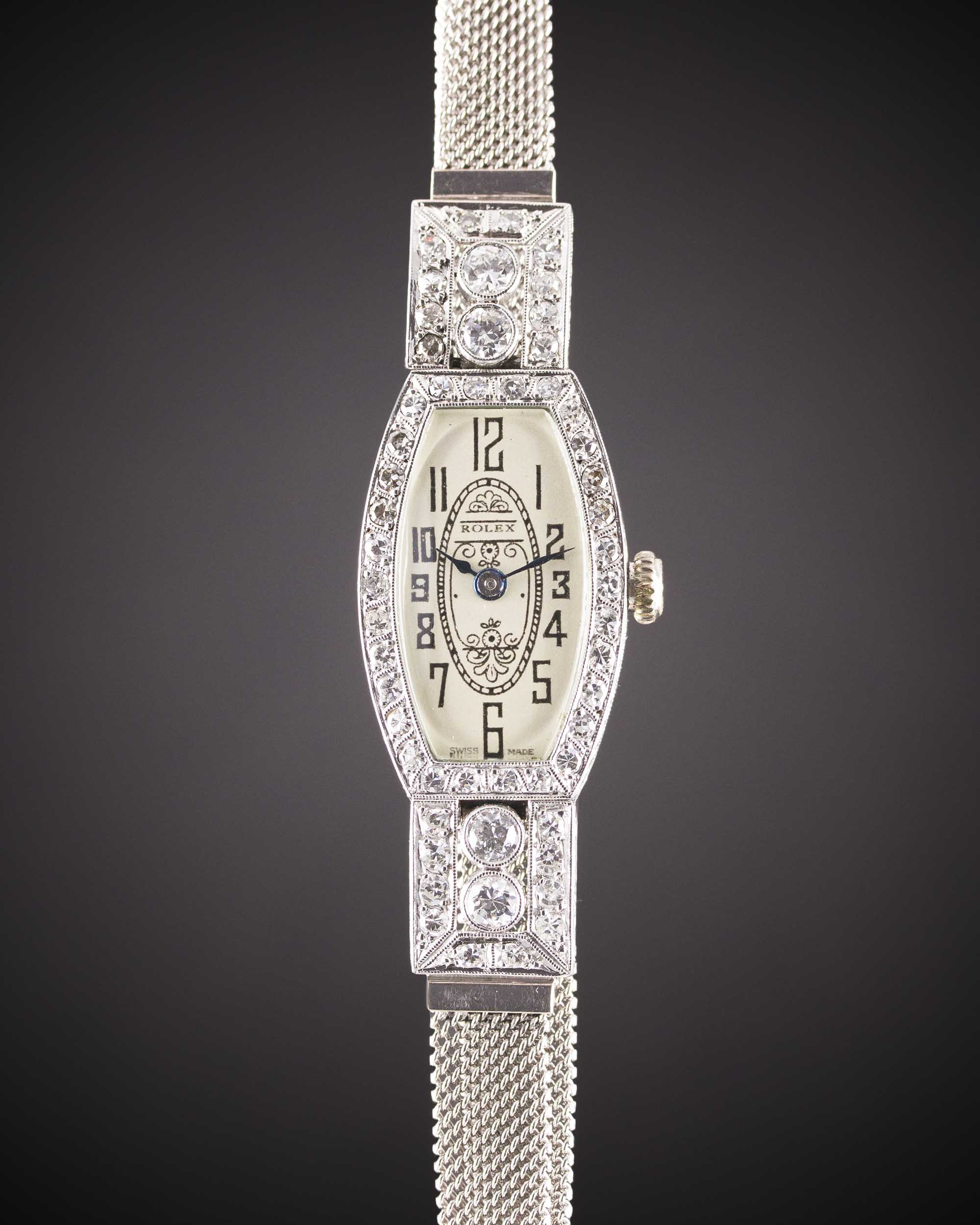 A LADIES PLATINUM, 9CT WHITE GOLD & DIAMOND ROLEX COCKTAIL BRACELET WATCH CIRCA 1930, REF. 705