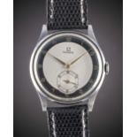 A RARE GENTLEMAN'S LARGE SIZE STAINLESS STEEL OMEGA WRIST WATCH CIRCA 1939, WITH SILVER & BLACK "