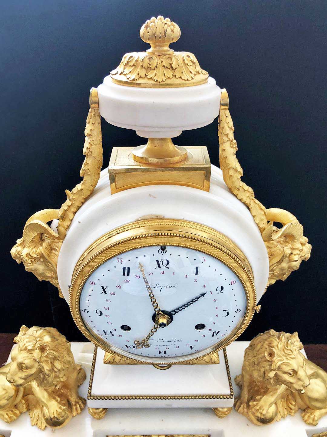 A RARE LOUIS XVI ORMOLU & WHITE MARBLE STRIKING MANTEL CLOCK WITH CALENDAR DIAL BY LEPINE, NO. - Image 2 of 7