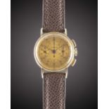 A 14K SOLID GOLD ETERNA "BABY" CHRONOGRAPH WRIST WATCH CIRCA 1940, WITH TWO TONE MULTI-SCALE DIAL