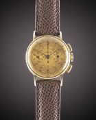 A 14K SOLID GOLD ETERNA "BABY" CHRONOGRAPH WRIST WATCH CIRCA 1940, WITH TWO TONE MULTI-SCALE DIAL