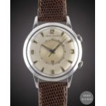 A GENTLEMAN'S STAINLESS STEEL JAEGER LECOULTRE MEMOVOX AUTOMATIC ALARM WRIST WATCH CIRCA 1960,