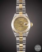 A LADIES STEEL & GOLD ROLEX OYSTER PERPETUAL DATEJUST BRACELET WATCH DATED 2002, REF. 79173 WITH