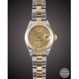 A LADIES STEEL & GOLD ROLEX OYSTER PERPETUAL DATEJUST BRACELET WATCH DATED 2002, REF. 79173 WITH