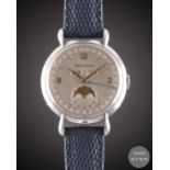 A GENTLEMAN'S LARGE SIZE STAINLESS STEEL JAEGER LECOULTRE TRIPLE CALENDAR MOONPHASE WRIST WATCH