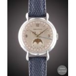 A GENTLEMAN'S LARGE SIZE STAINLESS STEEL JAEGER LECOULTRE TRIPLE CALENDAR MOONPHASE WRIST WATCH