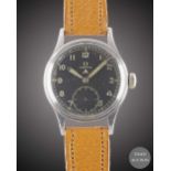 A GENTLEMAN'S STAINLESS STEEL BRITISH MILITARY OMEGA W.W.W. WRIST WATCH CIRCA 1945, PART OF THE "